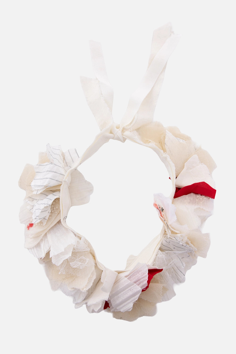 Marc Point Venezia fabric necklace in ivory and red, front view, frayed floral petals with ribbon ties