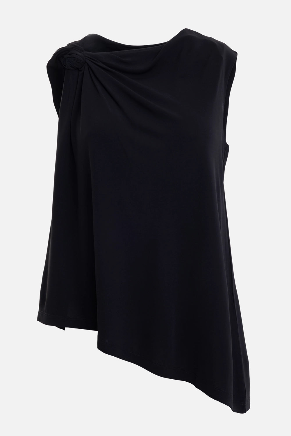 Joseph women's Fadila top in black, front view with twisted shoulder knot and asymmetric hem