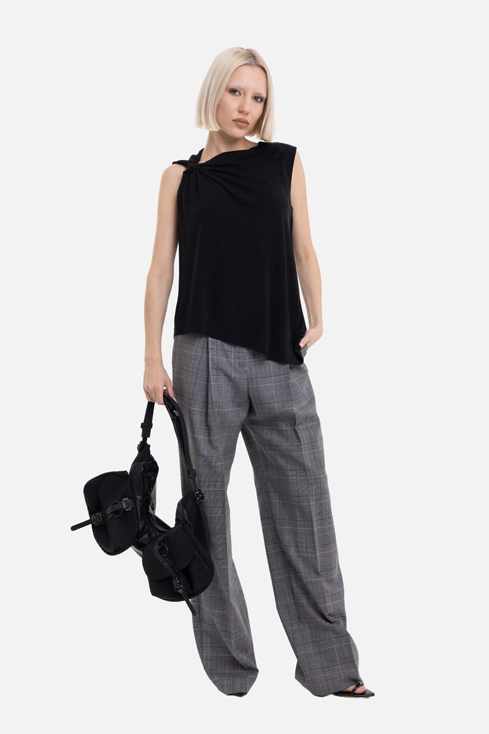 Joseph women's Fadila top in black, on-model full-length with gathered shoulder and relaxed drape
