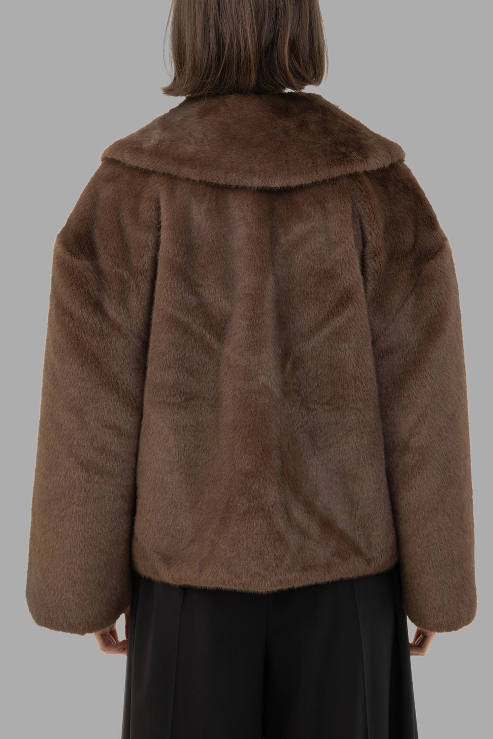 By Malene Birger women's faux-fur jacket in Carafe, back view, draped oversized collar and relaxed wide sleeves