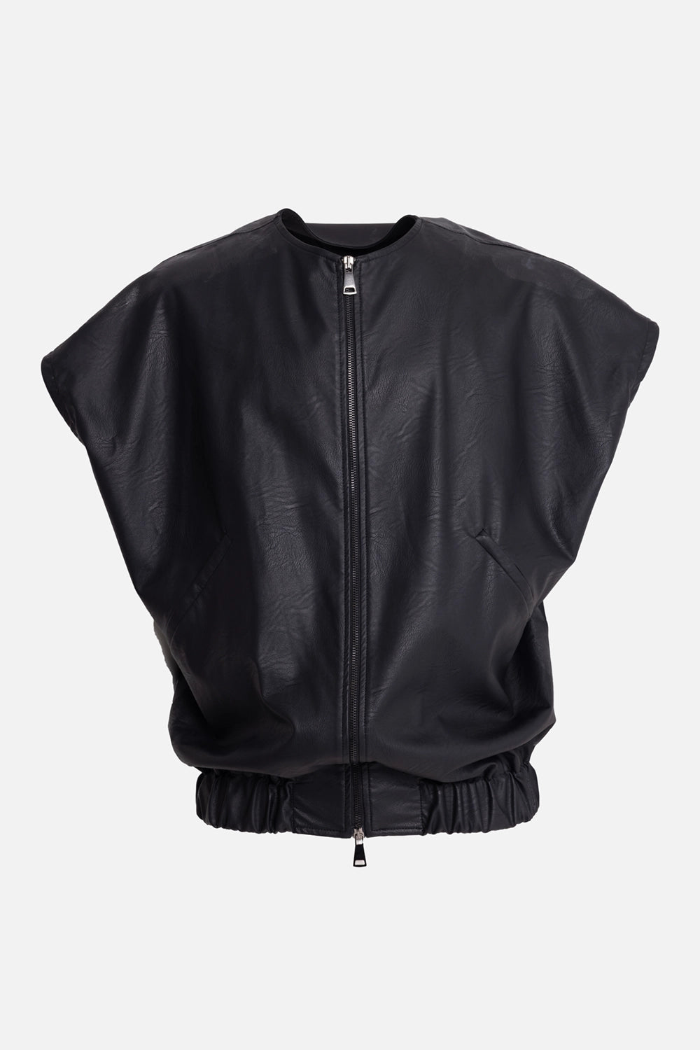 LA HAINE INSIDE US men's faux-leather gilet in black, front view, two-way zip and elastic hem