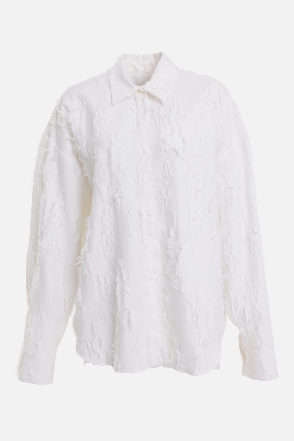 MSGM women's fil coupé shirt in White, front view, classic collar and raised frayed surface