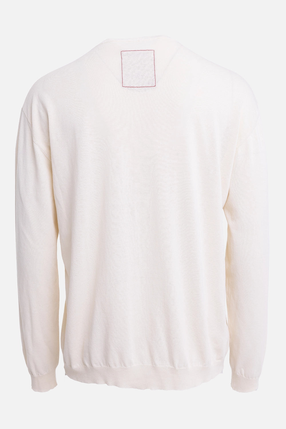 Uma Wang men's crewneck sweater in off white, back view, contrast red square stitch at the nape
