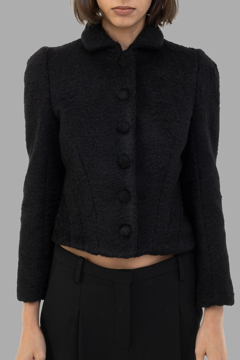 Des Phemmes women fitted hunter jacket in Noir, front view, bouclé-like texture and covered button placket