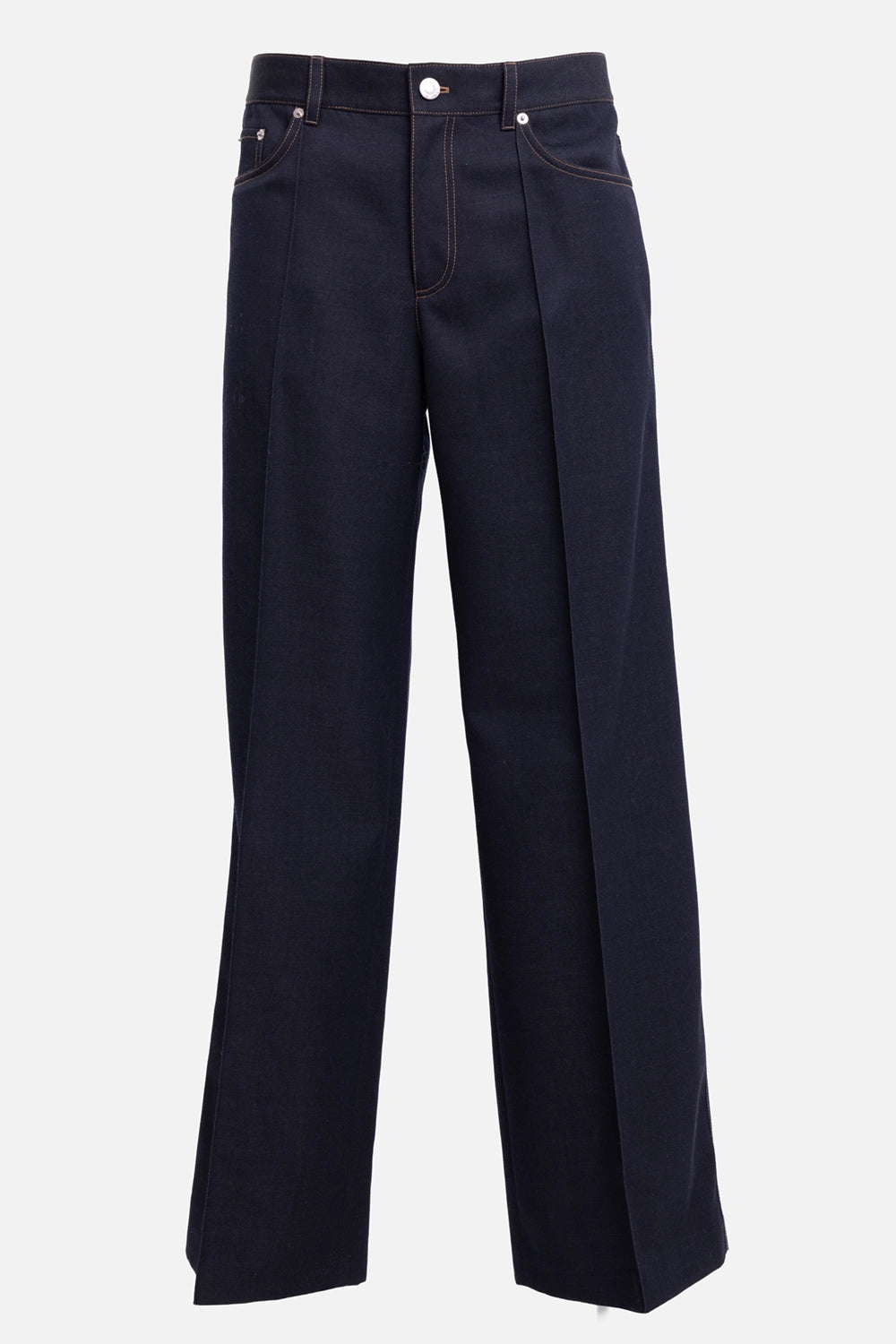 Helmut Lang men's five-pocket trouser in navy melange, front view, contrast topstitching and metal rivets