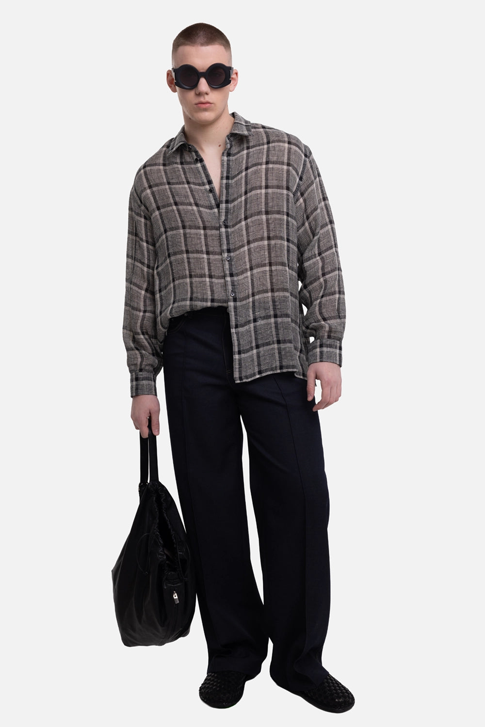 Helmut Lang men's five-pocket trouser in navy melange, on-model full-length view, relaxed straight leg fit