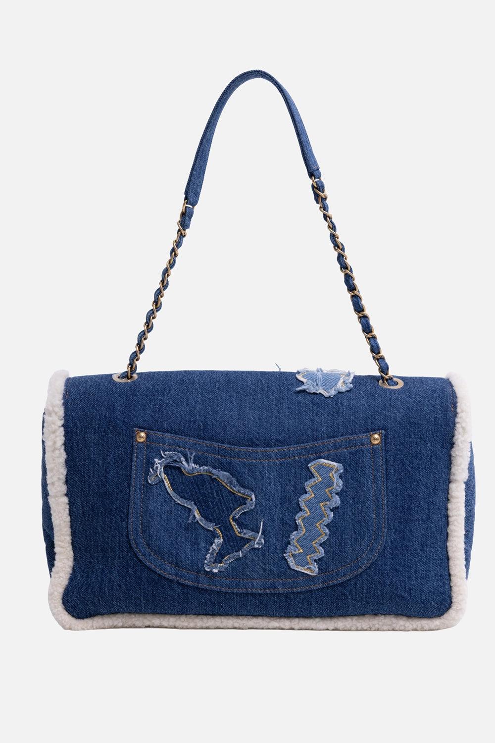 Pre-owned Chanel women's flap bag in blue denim, back view, rear patch pocket with hieroglyph appliqués