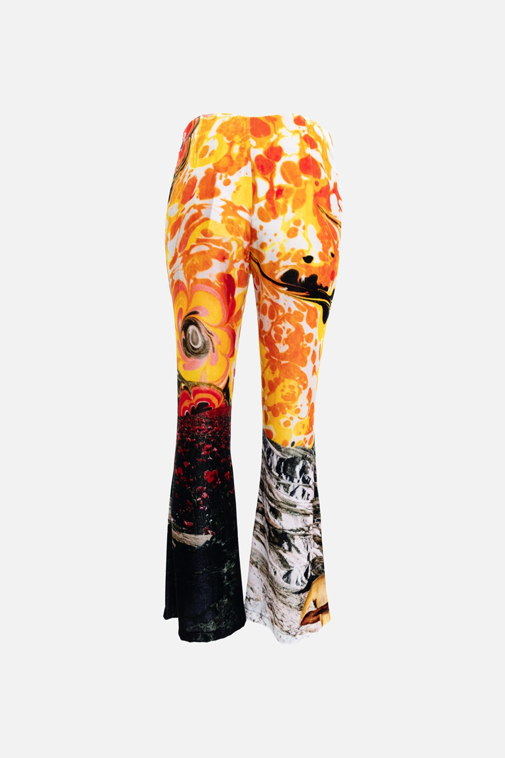Pre-owned Acne Studios women’s flared pants in multicolor, back view, marbled swirl print and flared hems