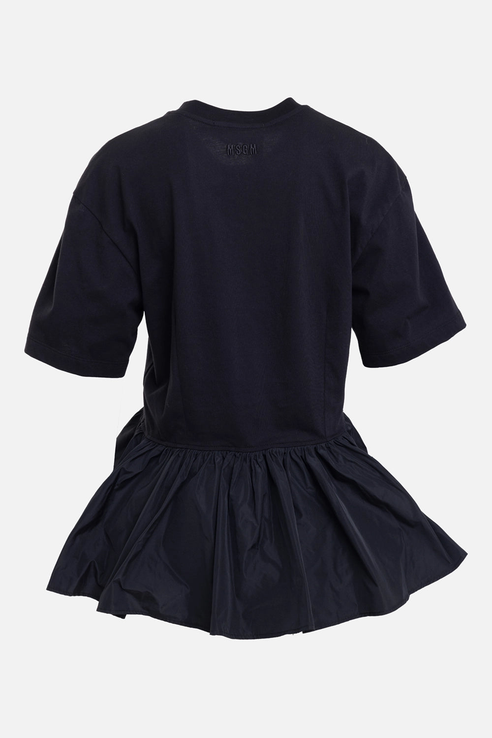 MSGM women's flared T-shirt in Black, back view, tonal logo embroidery and flounced hem