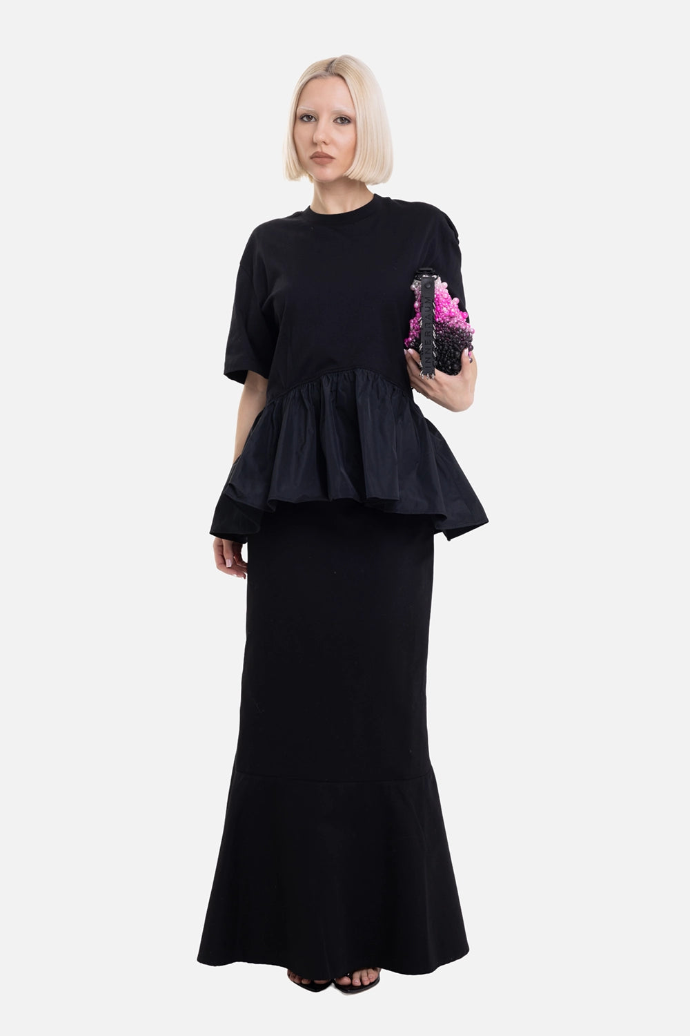 MSGM women's flared T-shirt in Black, on-model full-length view, curved seam and peplum volume