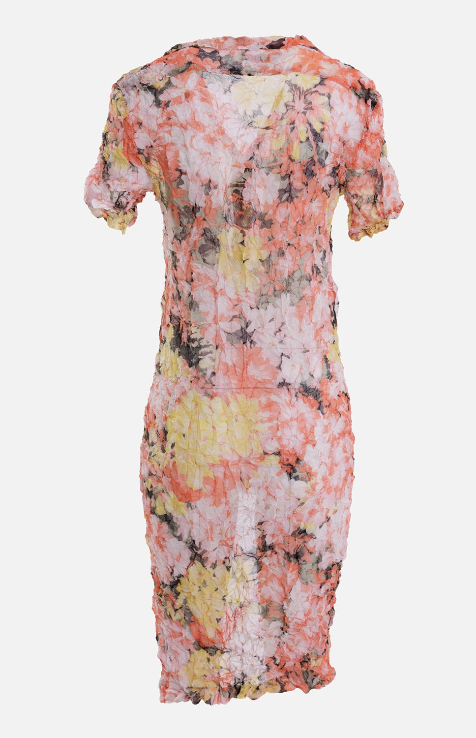 Dries Van Noten women's coat in multicolor, back view, sheer floral crinkled texture and short sleeves