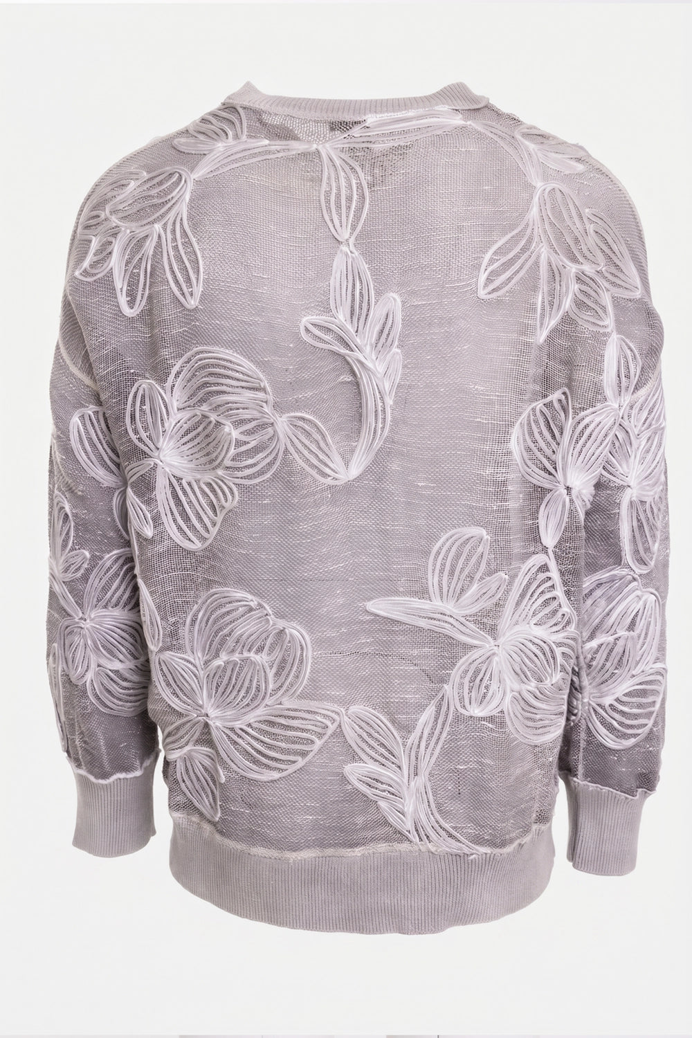 Avant Toi men's sweater in fango grey, back view with open mesh knit and floral cord embroidery