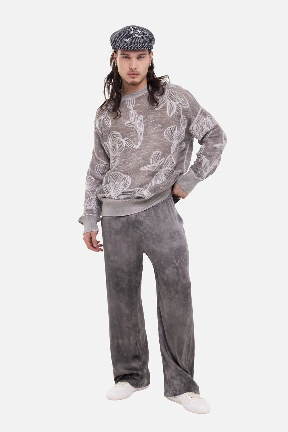 Avant Toi men's sweater in fango grey, on-model full-length view with ribbed crewneck and sheer texture