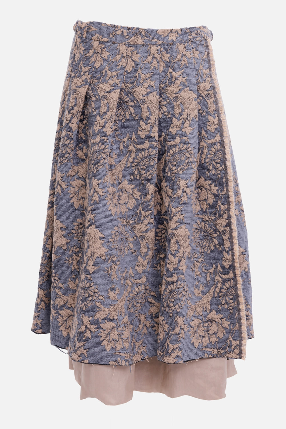 Marc Point women's midi skirt in blue and beige, front view with floral jacquard and layered hem