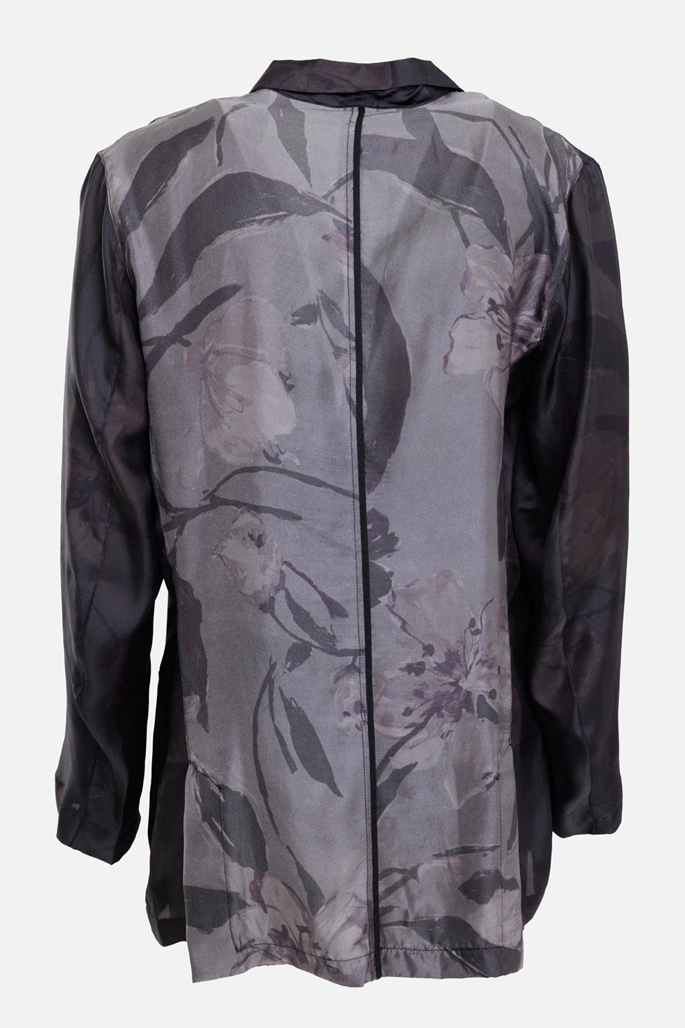 Giovanni Cavagna men's blazer in dark grey floral print, back view, contrast grey panel and center trim