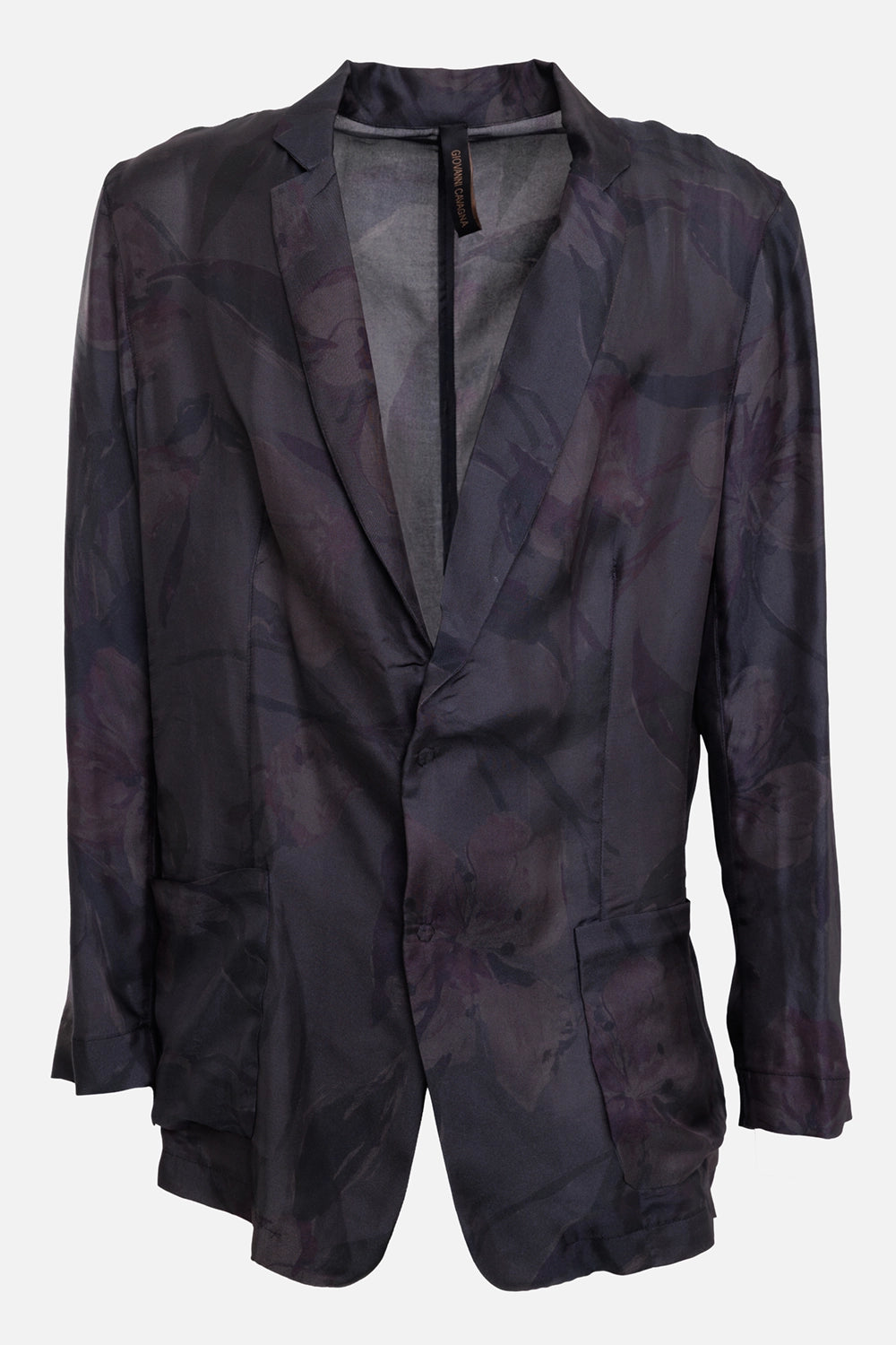 Giovanni Cavagna men's blazer in dark grey floral print, front view, notch lapels and single-button closure