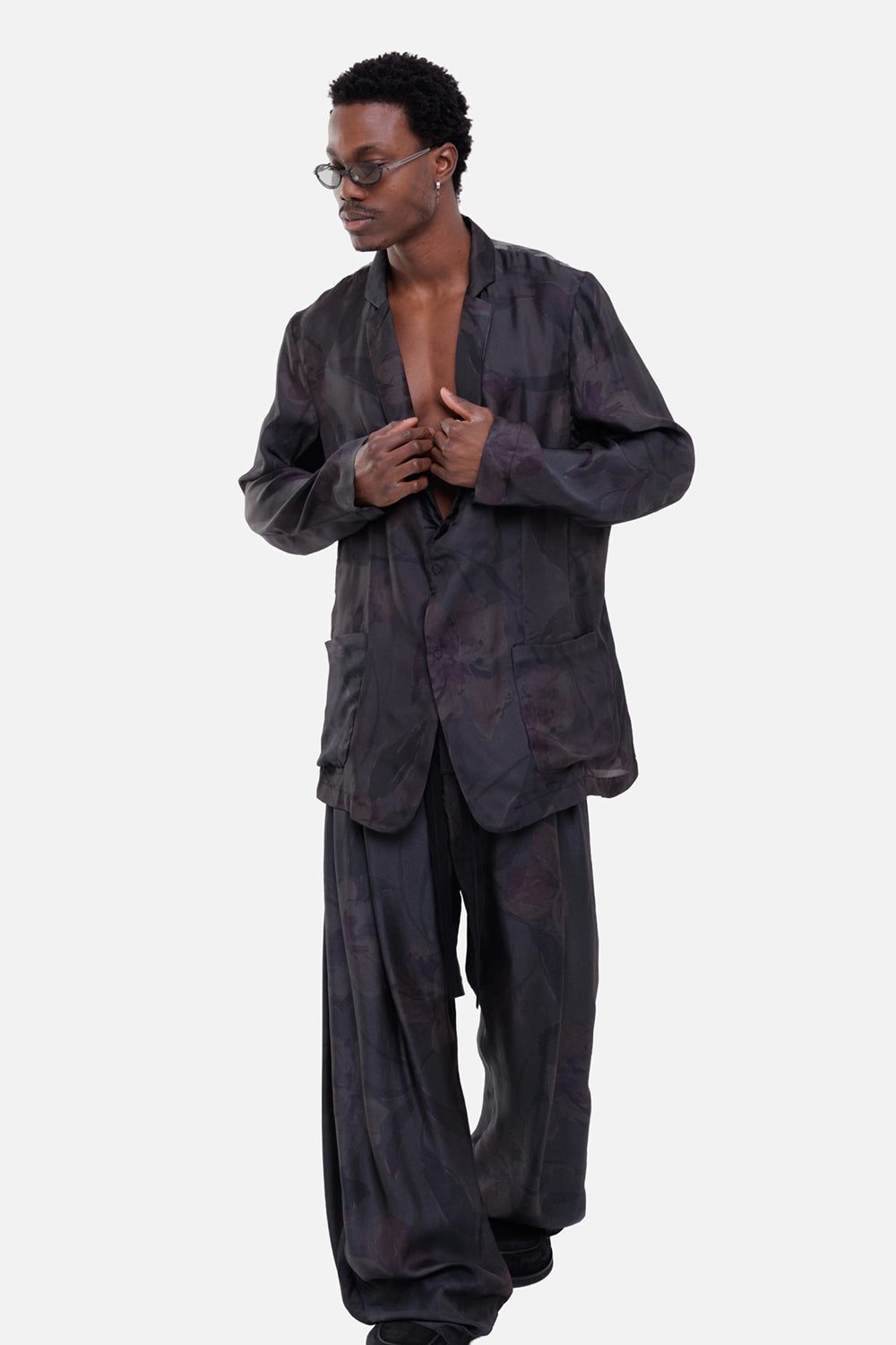 Giovanni Cavagna men's blazer in dark grey floral print, on-model full-length, sheer finish and patch pockets