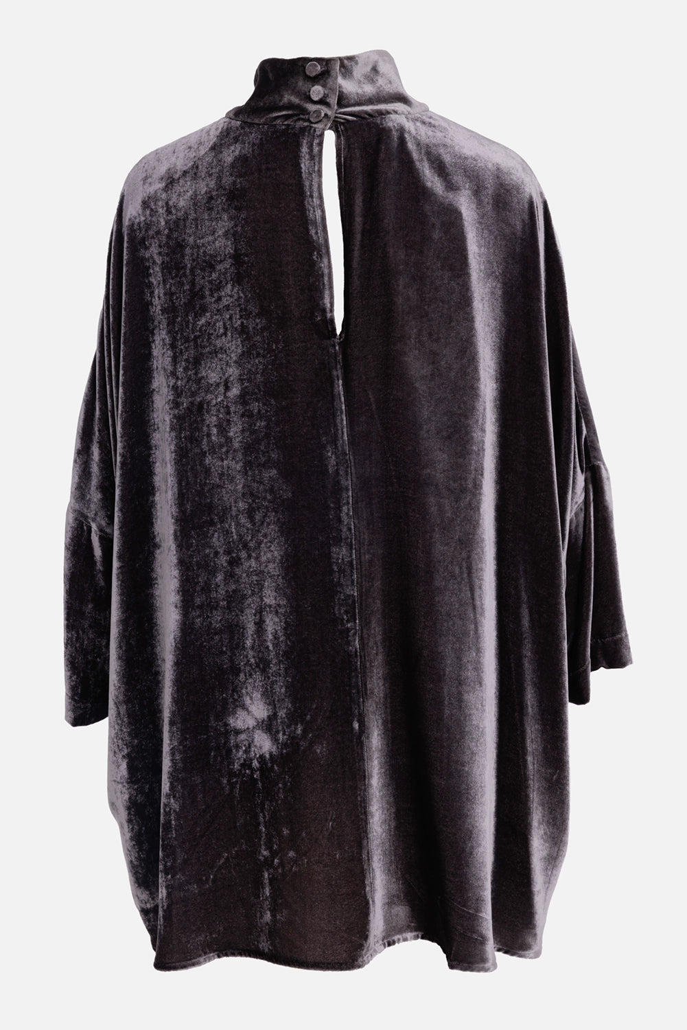 Uma Wang women's velvet tunic in dark dust, back view with keyhole opening and three covered collar buttons