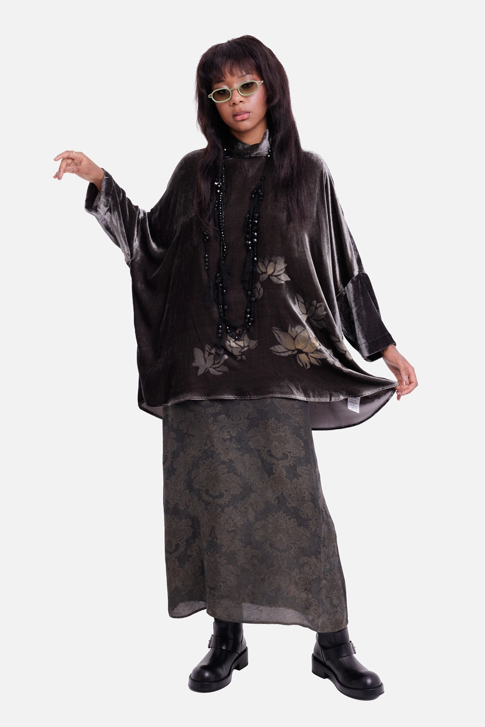 Uma Wang women's velvet tunic in dark dust, full-length model view with floral motifs and asymmetric hem