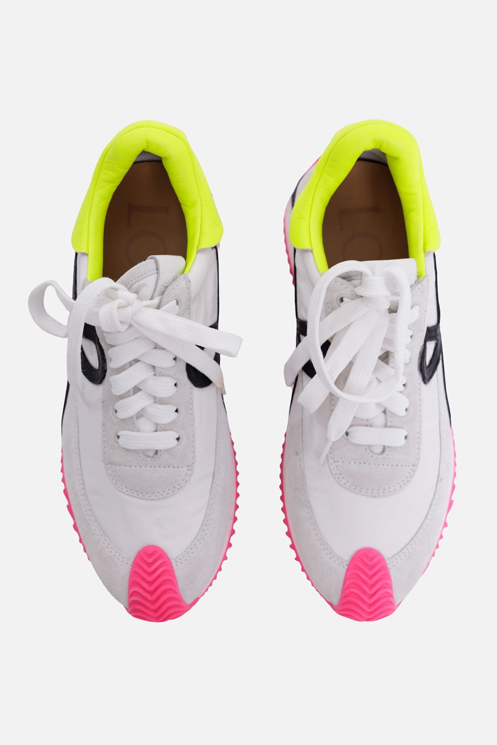 Loewe women's sneakers in white, front view, white laces, pink toe caps and neon collars