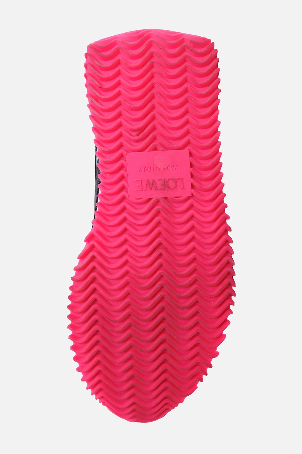 Loewe women's sneakers in white, sole view, hot pink rubber outsole with wave tread