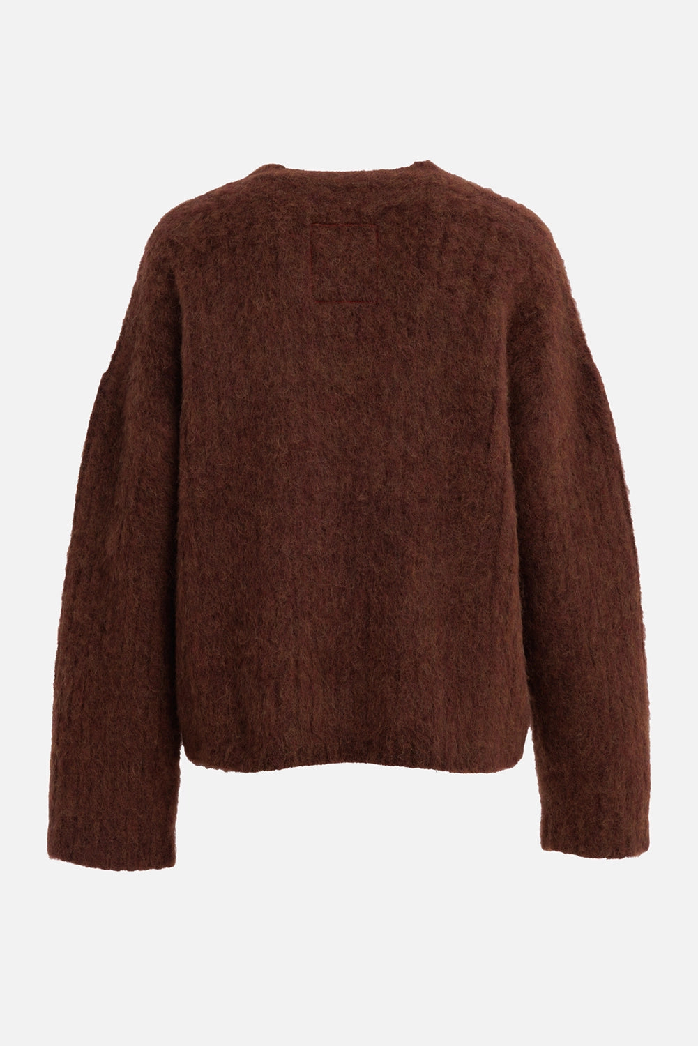 Uma Wang women's sweater in mustard, back view with fluffy finish, dropped shoulders and straight hem