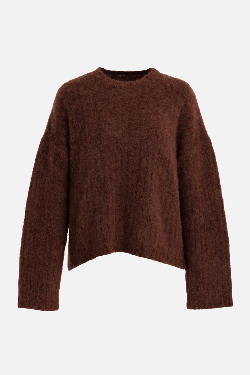 Uma Wang women's sweater in mustard, front view with brushed texture, crew neckline and long sleeves