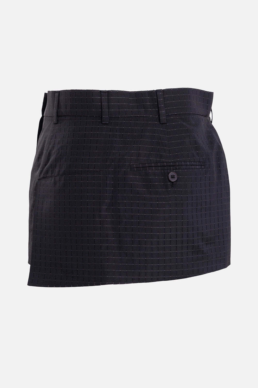 Vivienne Westwood women's black mini skirt, back view with belt loops and buttoned welt pocket