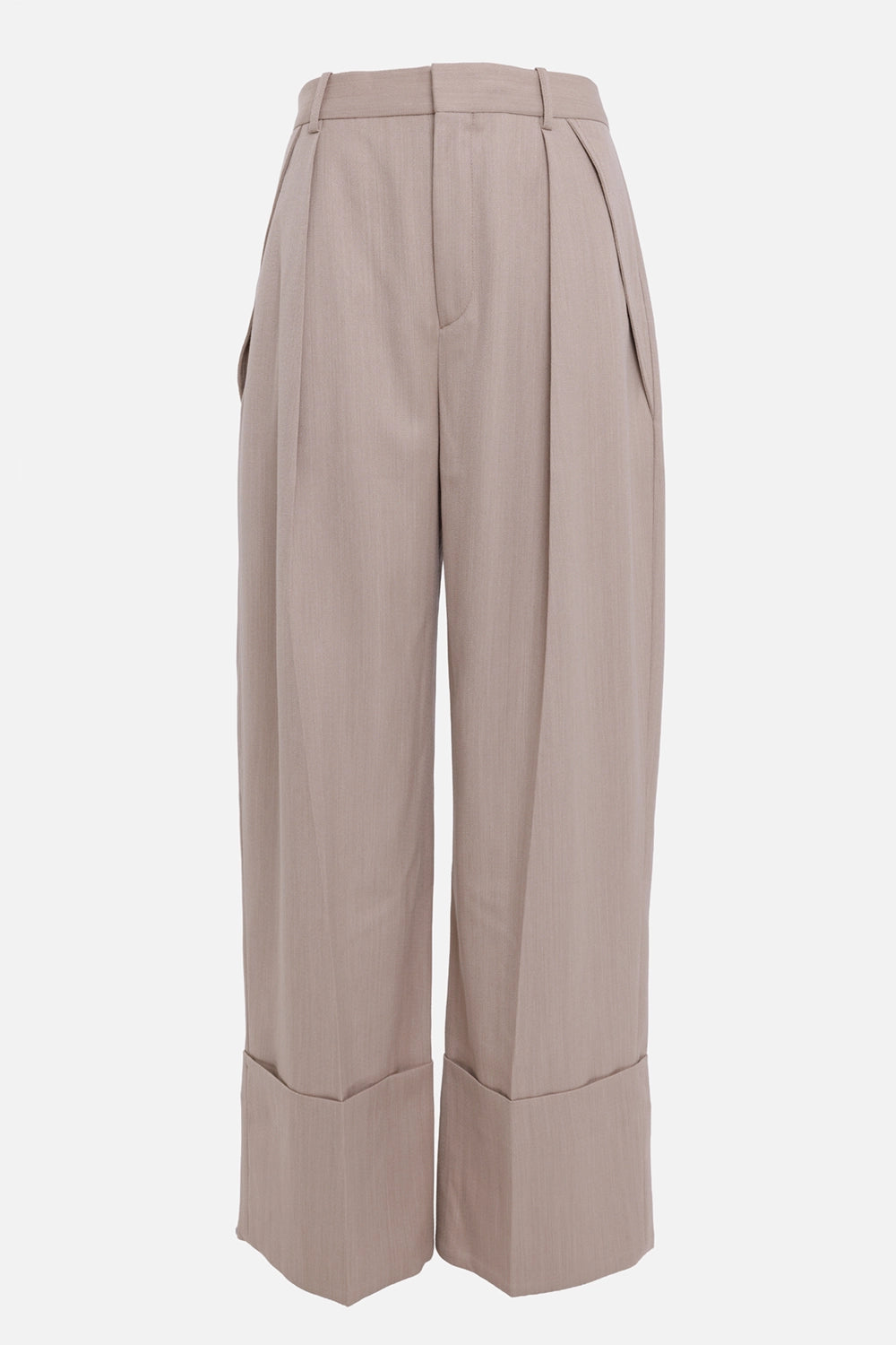 Victoria Beckham women's wool trousers in almond beige, front view with pleats, belt loops and wide cuffs
