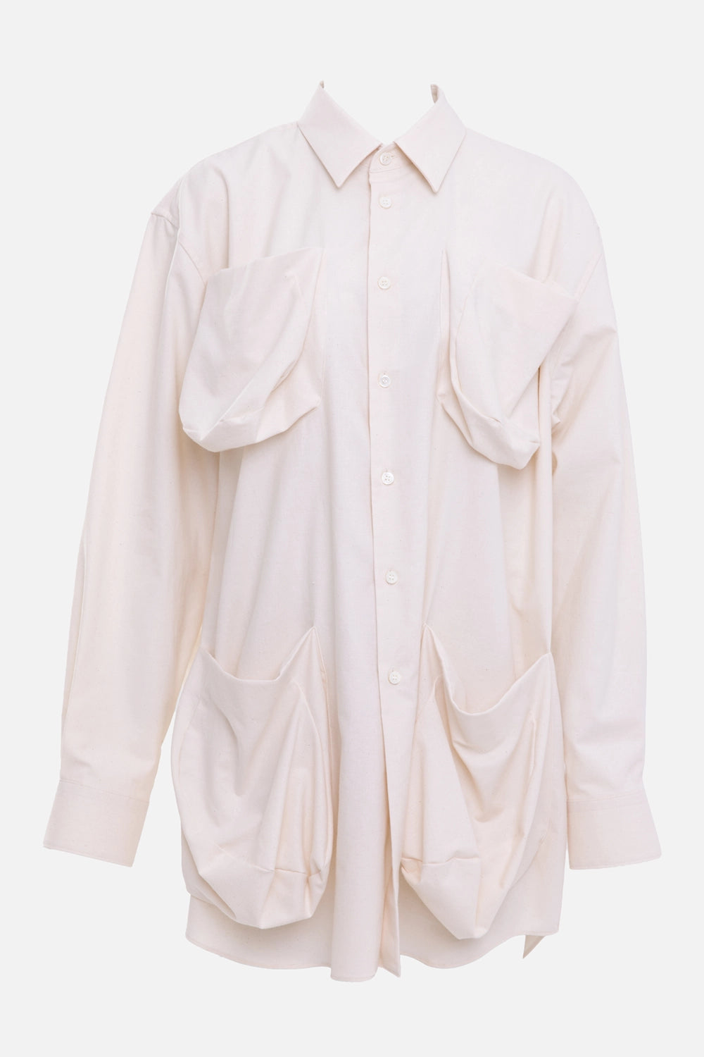 COMME des GARÇONS women's shirt jacket in beige, front view, four slouchy patch pockets and pointed collar