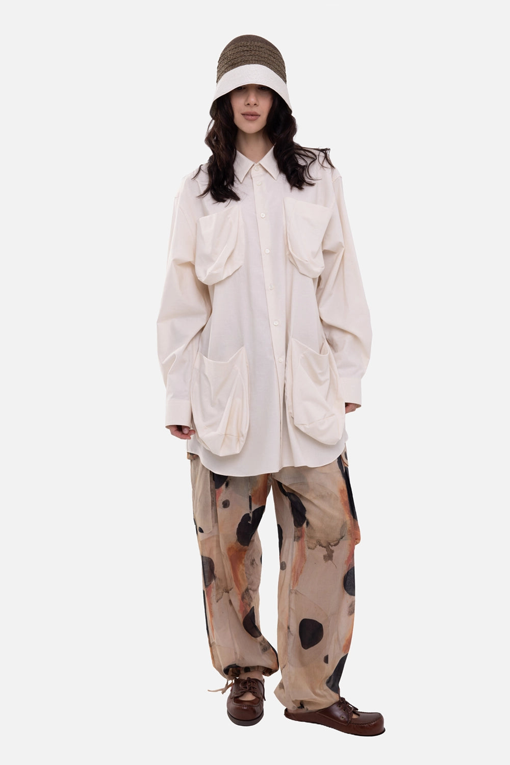 COMME des GARÇONS women's shirt jacket in beige, on-model full-length, oversized pockets and button front
