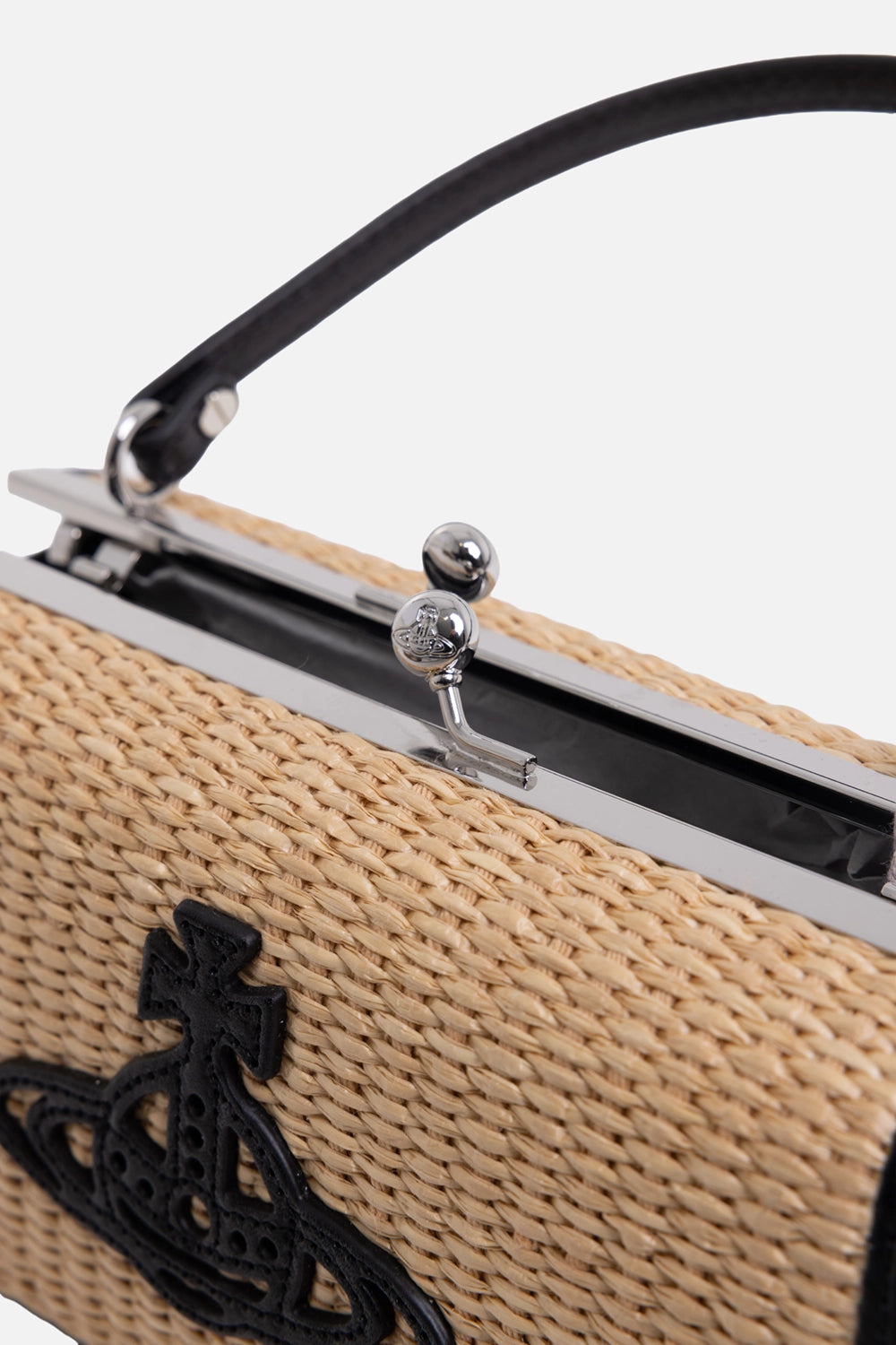 Vivienne Westwood women's frame bag in natural, kiss-lock detail, engraved silver clasp and woven body