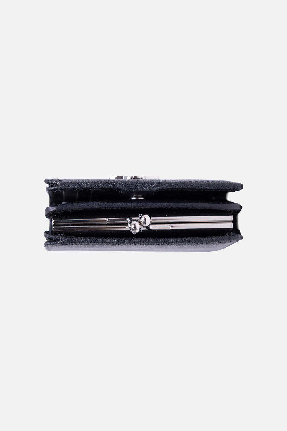 Vivienne Westwood women’s frame wallet in black, front view, silver Orb plaque on saffiano leather