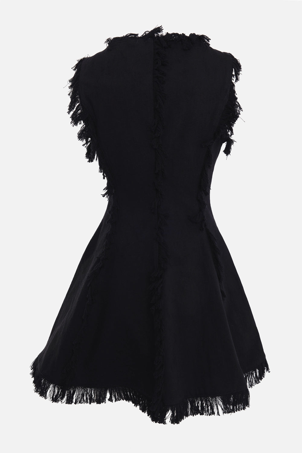 MSGM women's mini dress in black, back view, raw frayed seams and flared skirt