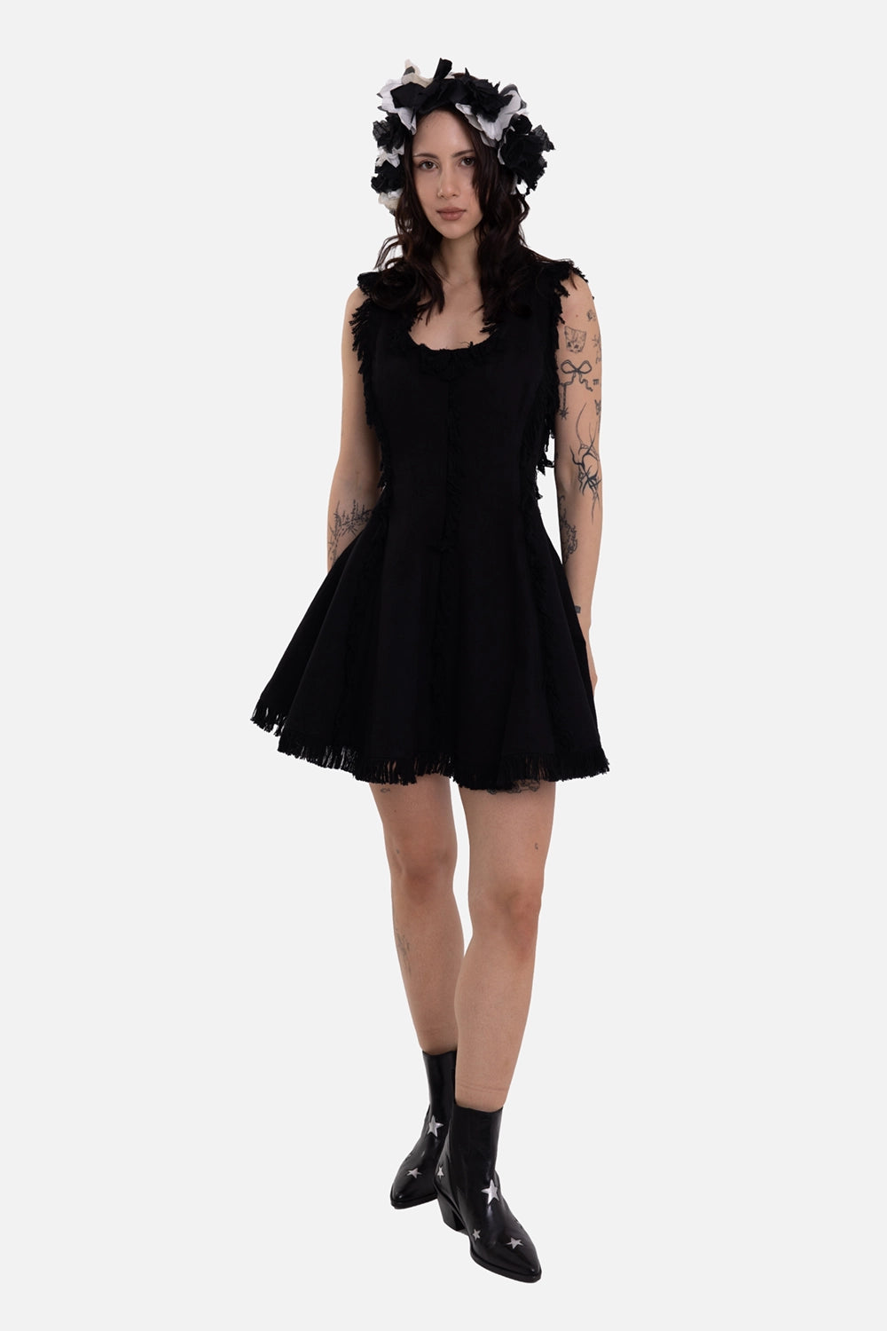 MSGM women's mini dress in black, on-model full-length view, fringed hem and sleeveless scoop neck