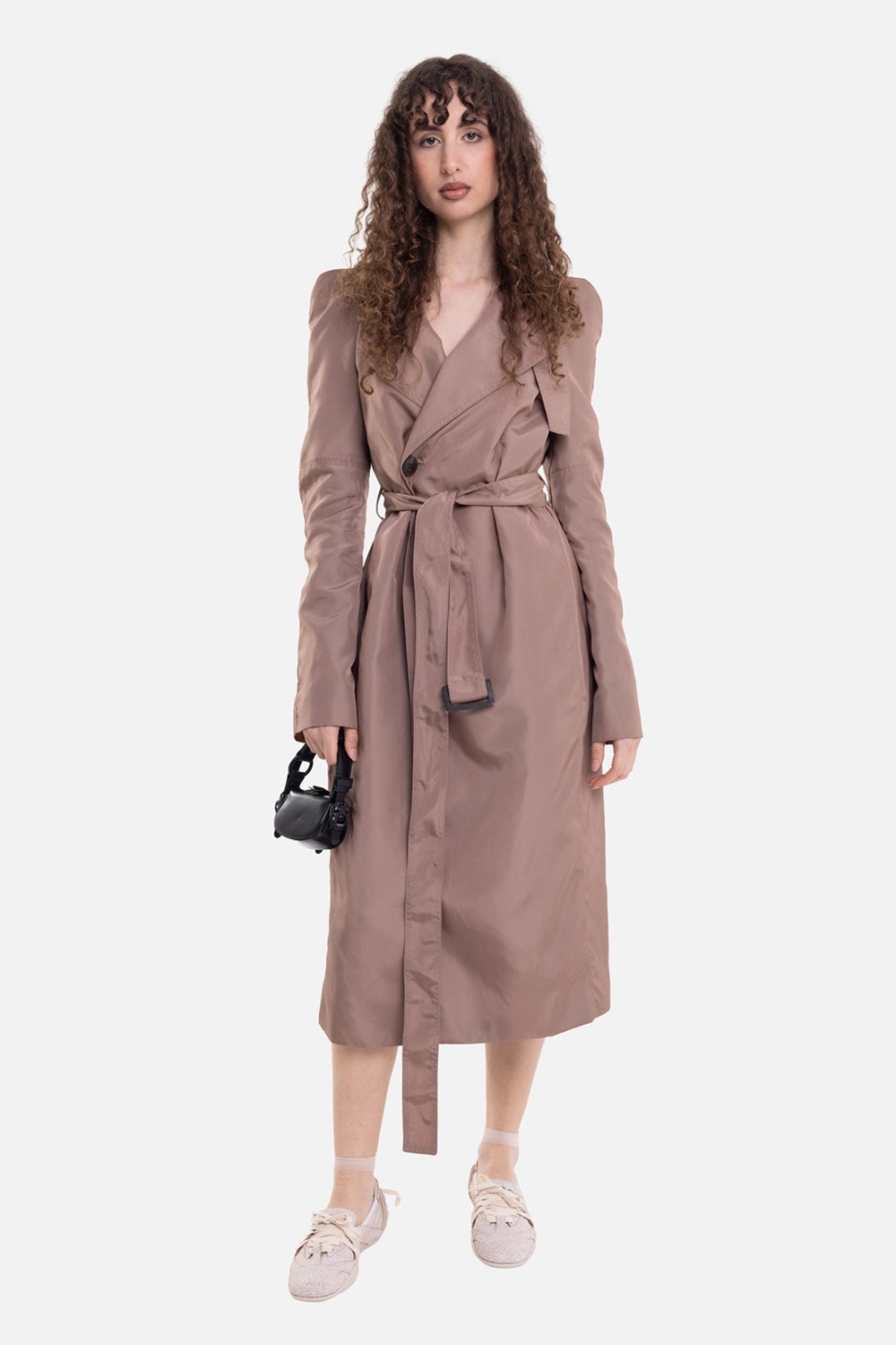 Rick Owens women's French coat in Dust, on-model full-length view, wrap belt and sharp lapels