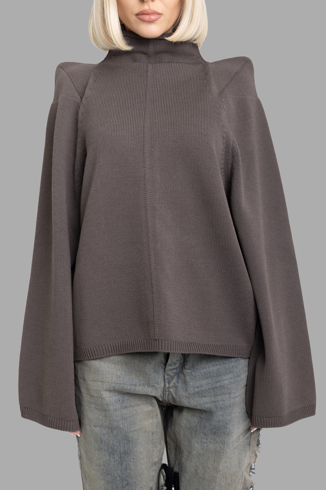 Rick Owens women's darkdust funnel-knit sweater, front view showing high funnel neck, central seam and boxy hem