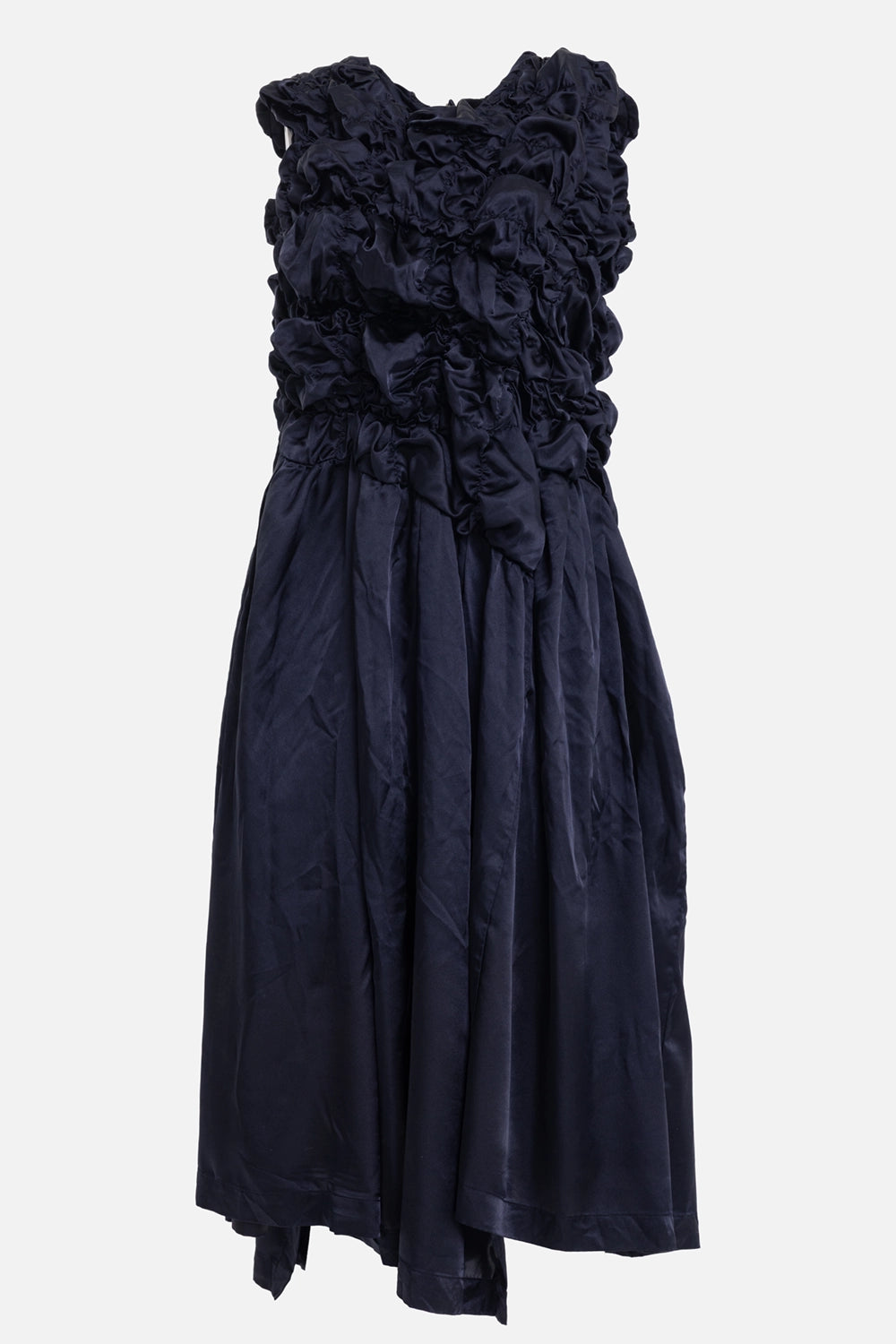 Comme des Garçons women's midi dress in Navy, front view with sculptural gathered bodice and full skirt