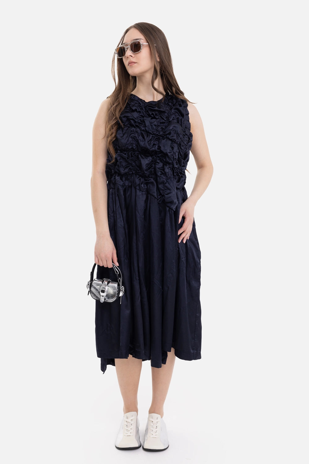 Comme des Garçons women's midi dress in Navy, on-model full-length view with voluminous satin folds