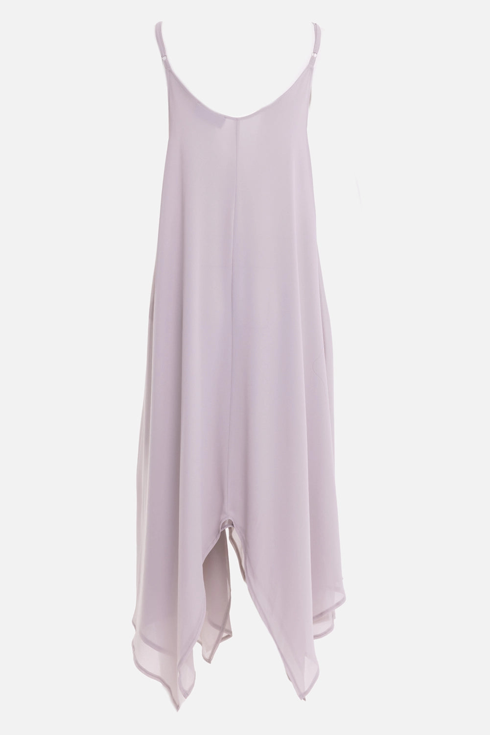 La Haine Inside Us women's georgette dress in grey, back view, V-back straps and pointed layered hem