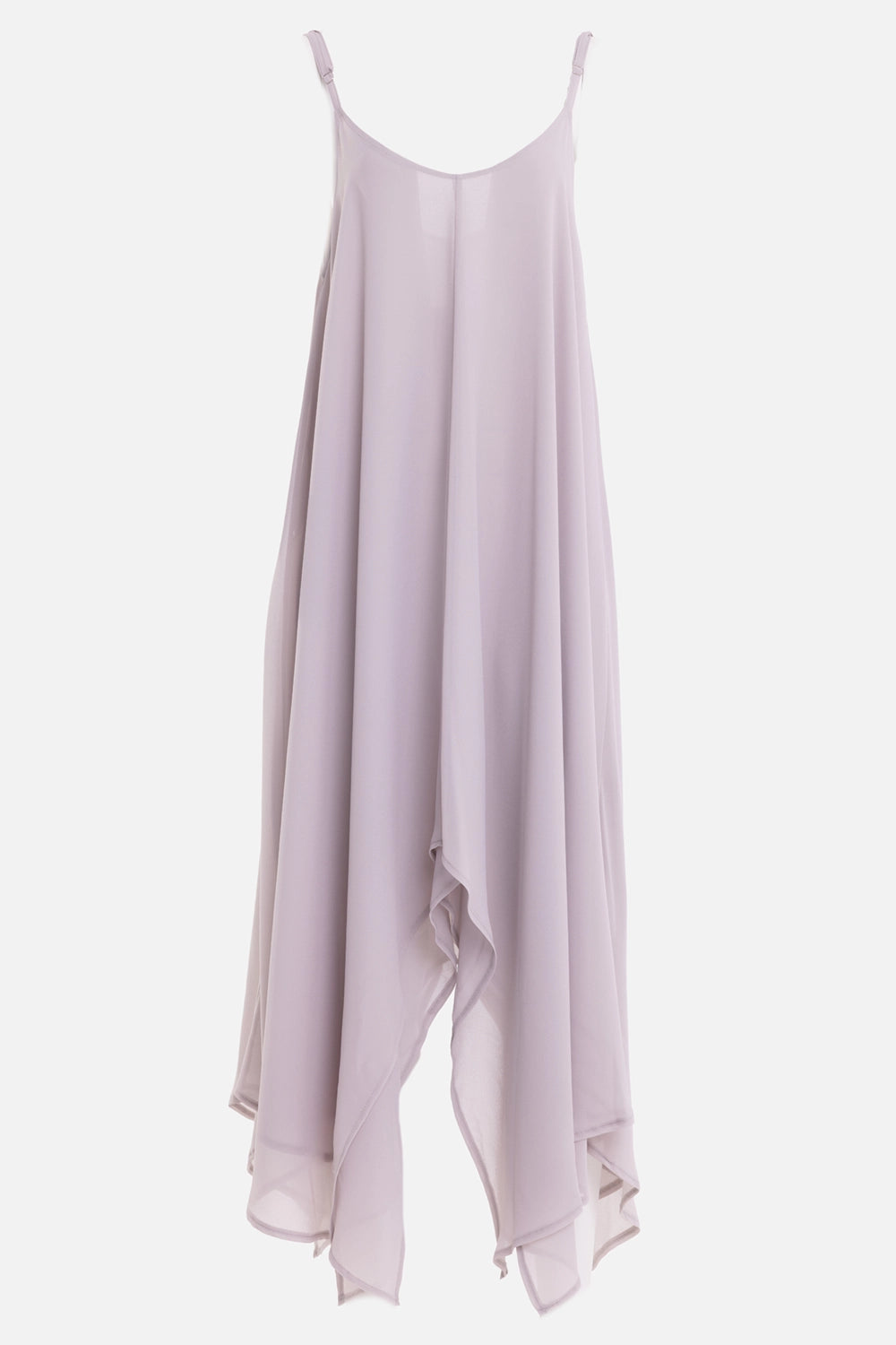 La Haine Inside Us women's georgette dress in grey, front view, adjustable straps and asymmetric draped hem