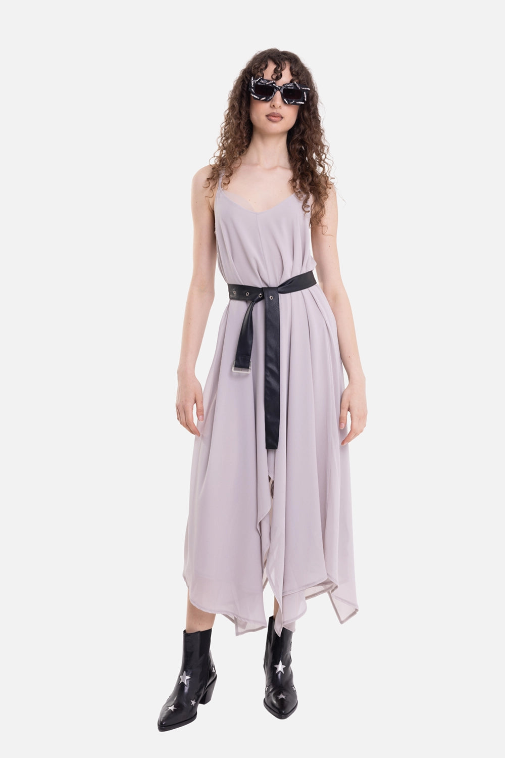 La Haine Inside Us women's georgette dress in grey, on-model full-length view, black belt and pointed hem