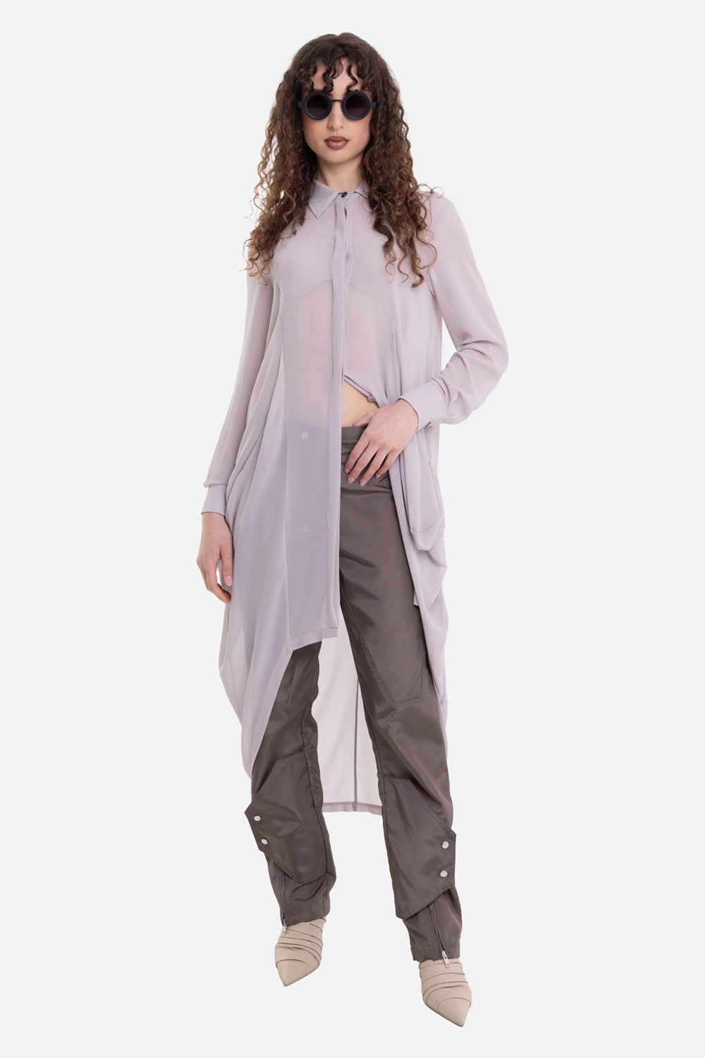 La Haine Inside Us women's georgette shirt in gray, on-model full-length view, sheer body and draped sides