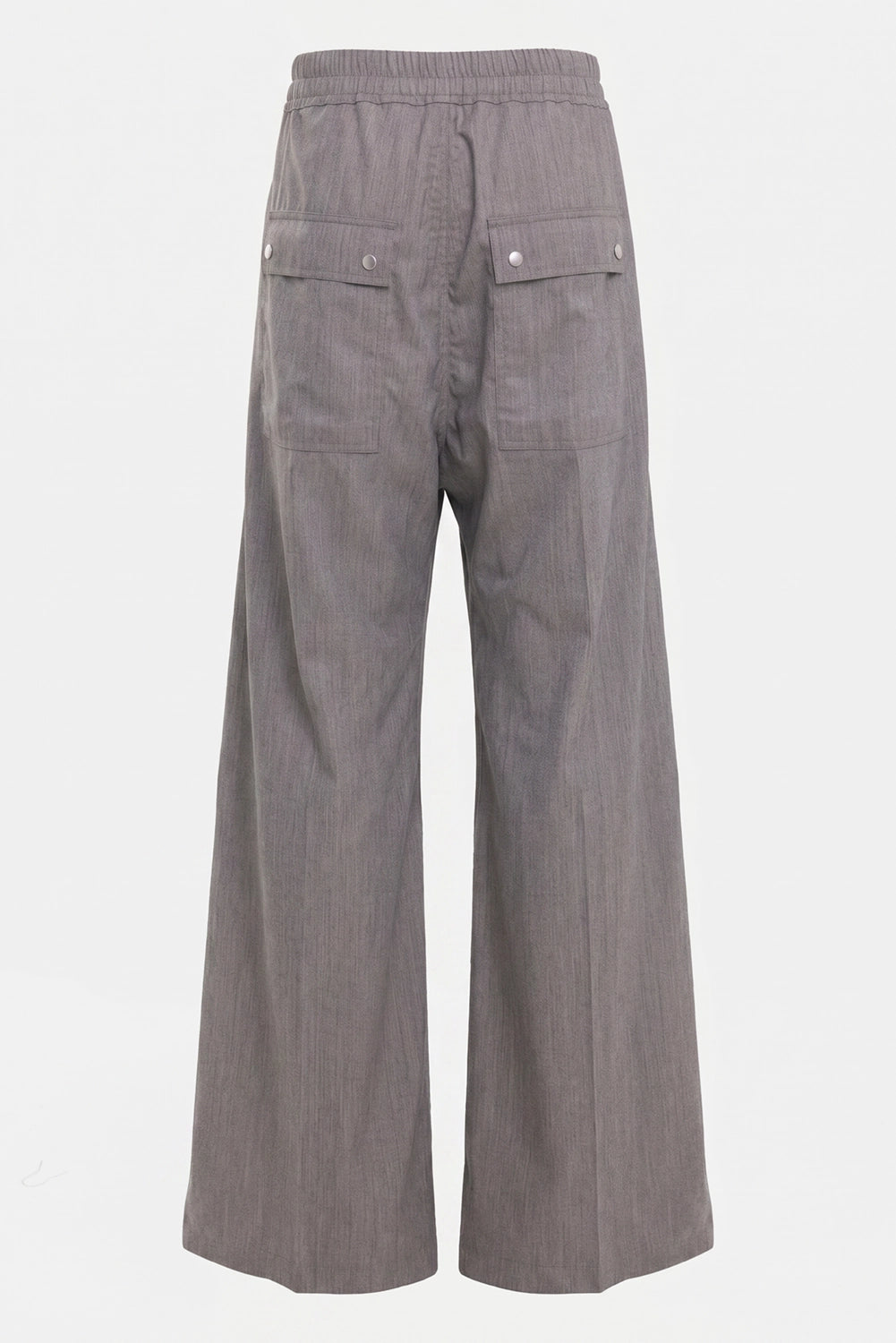 Rick Owens men's pants in grey melange, back view with snap flap pockets and elastic waistband
