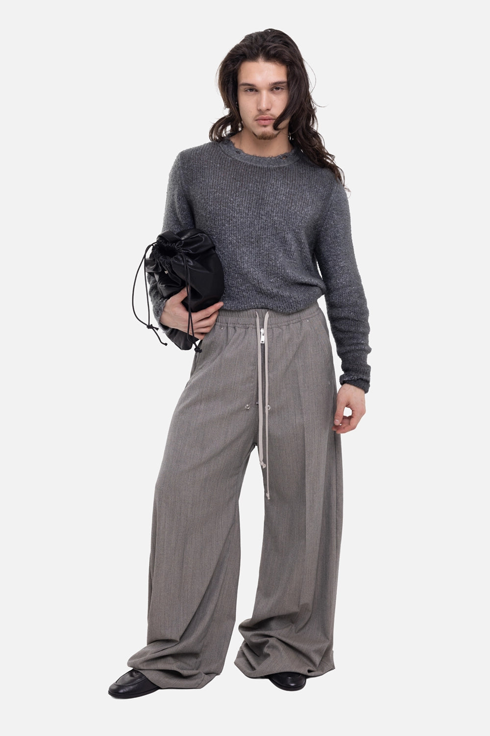 Rick Owens men's pants in grey melange, on-model full-length view with wide legs and zip fly