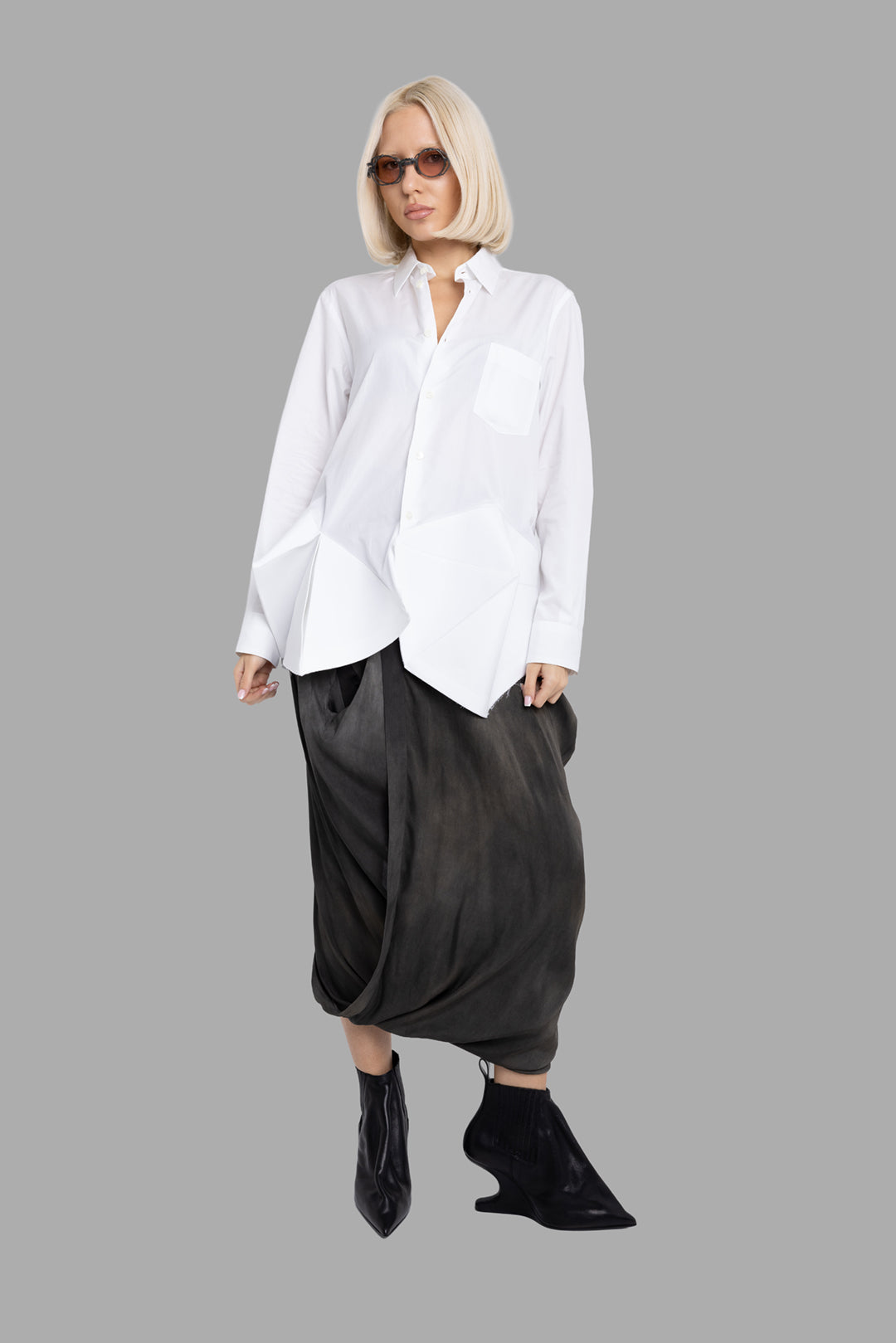 Uma Wang women's dark grey silk Gink draped midi skirt, full-length on-model view with tulip silhouette.