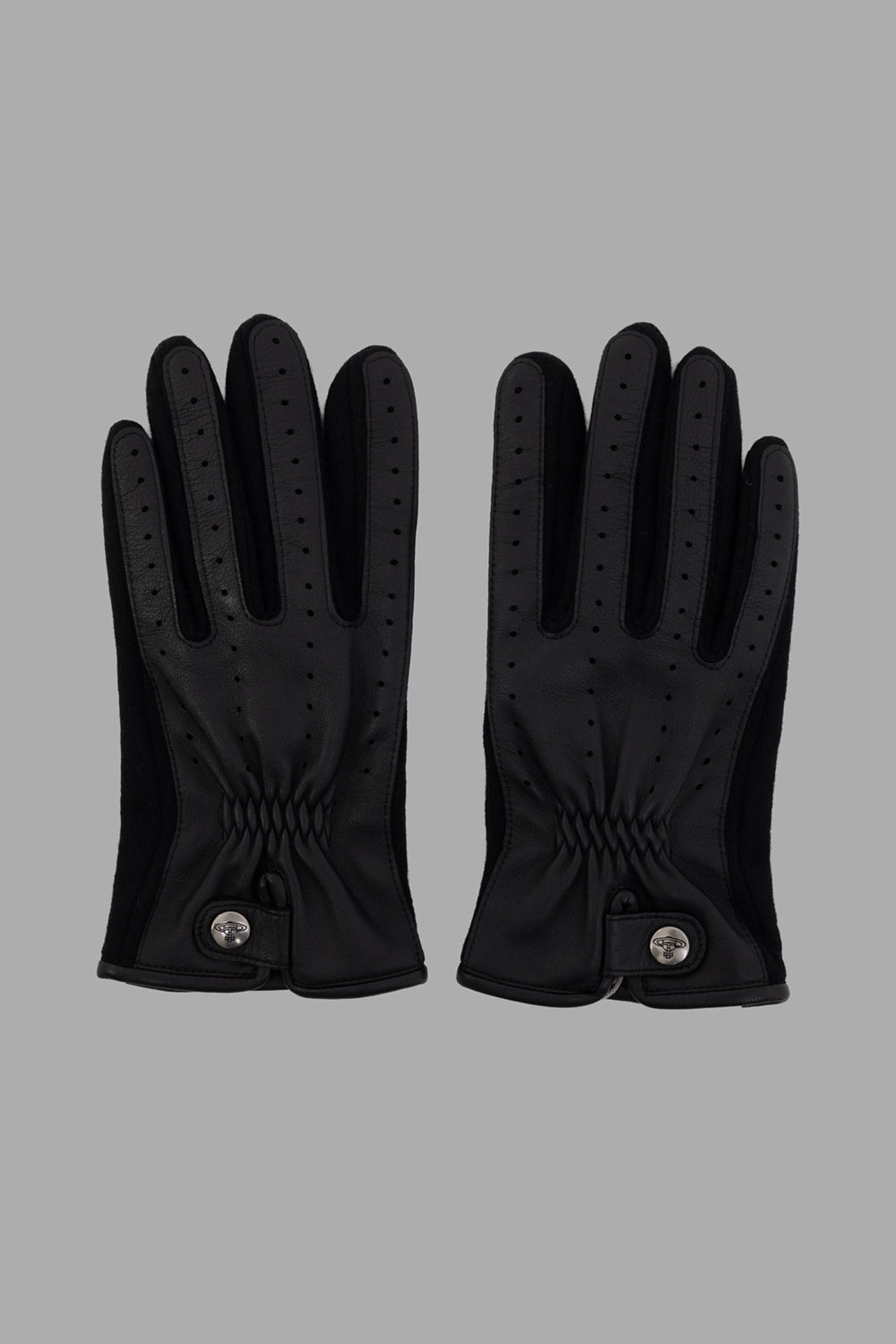 Vivienne Westwood gloves in black, back view, full knit palm panels for flexibility