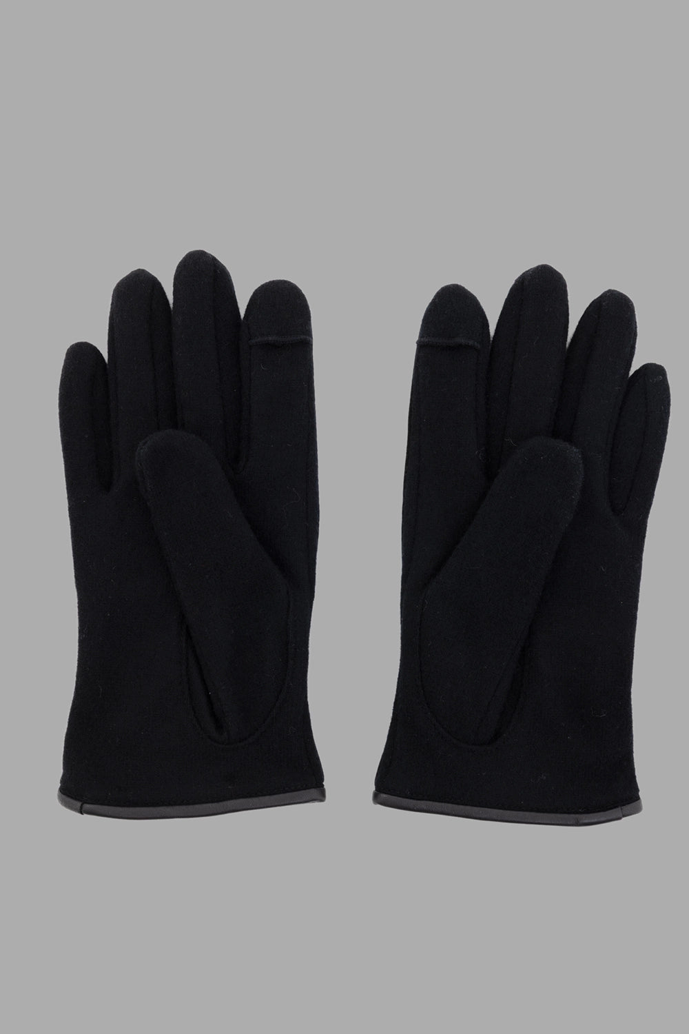 Vivienne Westwood gloves in black, front view, perforations with elastic shirring at wrist