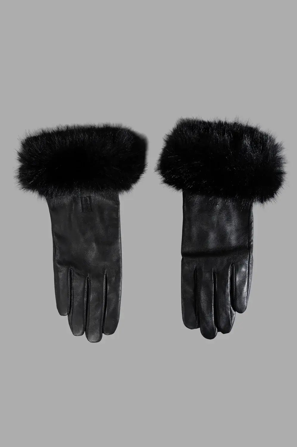 Black leather gloves with faux-fur cuffs shown as a pair, front and back views