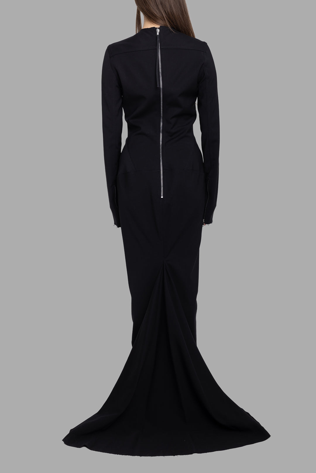 Rick Owens women black gown, back view, exposed metal zip and dramatic pooled hem
